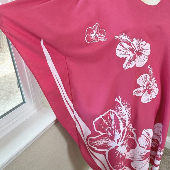 Vintage 70s Hans Jutte Hawaii Kaftan OS Pink Muumuu Dress Hibiscus Floral Hawaii - Picture 3 of 16